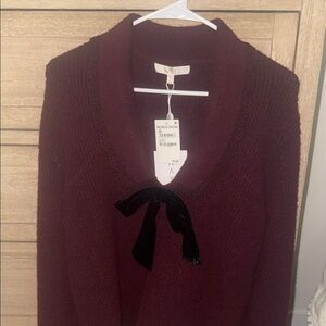 Wayf Burgundy V-Neck Sweater with Black Velvet Tie